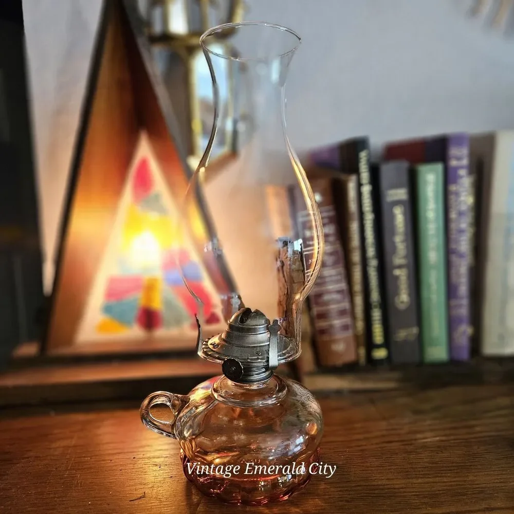 Vtg Miniature Amber Adjustable Wick Glass Oil Lamp China Hong Kong With Chimney